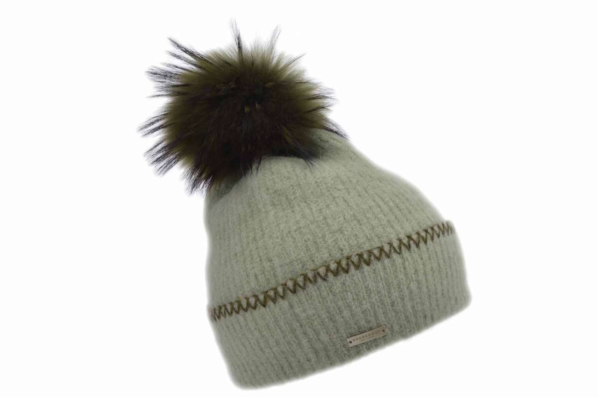 Mütze Echtfell-Bommel jade/khaki